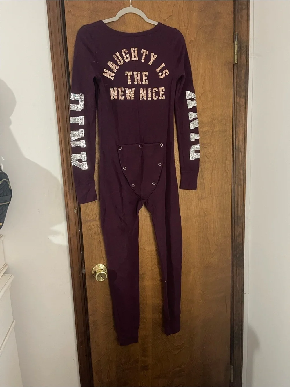 PINK Victoria’s Secret One Piece Thermal Pajama Burgundy Bling Logo Size S